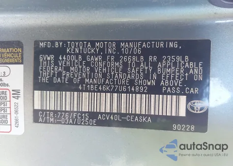 2007 Toyota Camry Se from USA, damaged, VIN 4T1BE46K77U614892